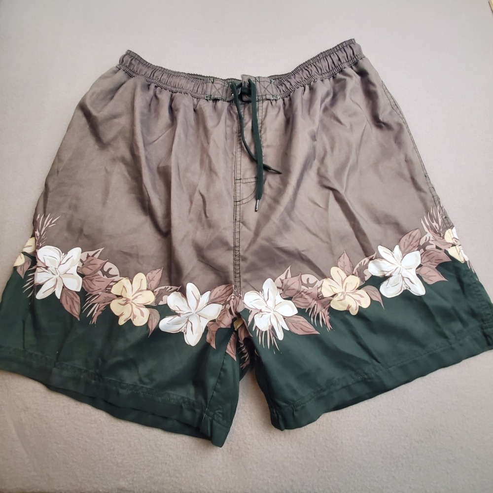 Sand N Sun Swim Trunks Mens (36-38)Green Tropical Floral Mesh Lining Shorts